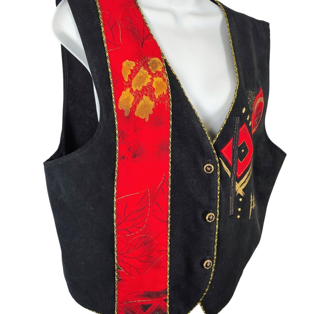 City Girl Nancy Bolen Vintage Vest Black Abstract Leaf L 90s festival‎ eclectic